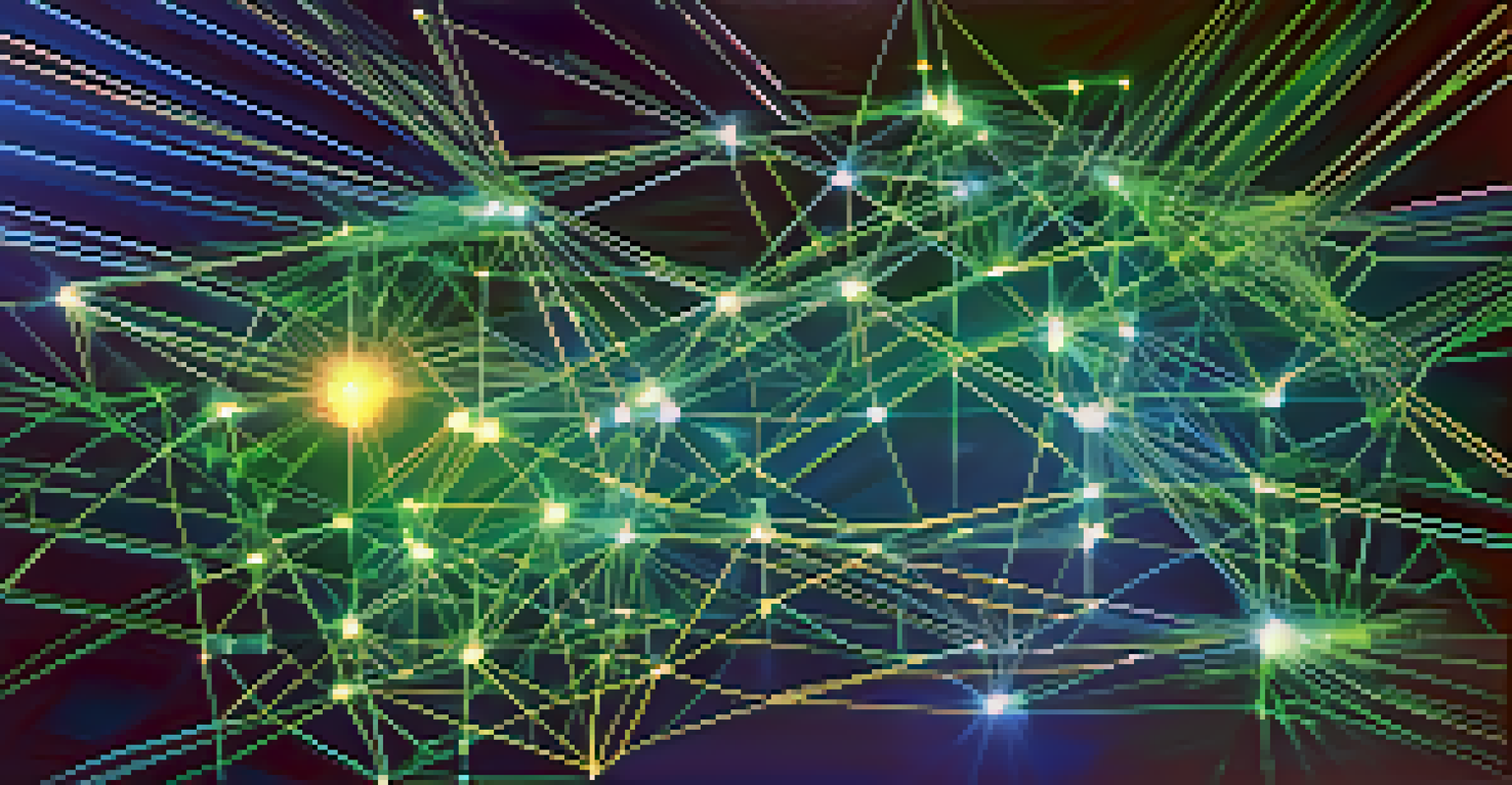 An abstract image depicting interconnected nodes representing decentralized technology, with a gradient background of blue and green.