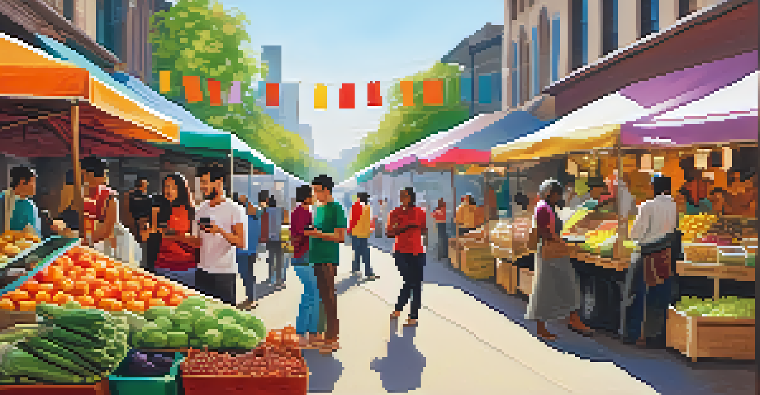 A diverse group of people using smartphones for payments at a lively street market.