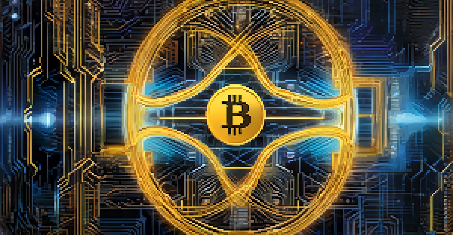 An abstract representation of atomic swaps with two interconnected digital wallets exchanging coins against a backdrop of blockchain chains.
