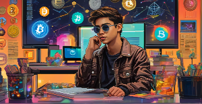 A young influencer at a modern desk explaining cryptocurrency concepts, with logos and graphs around them.