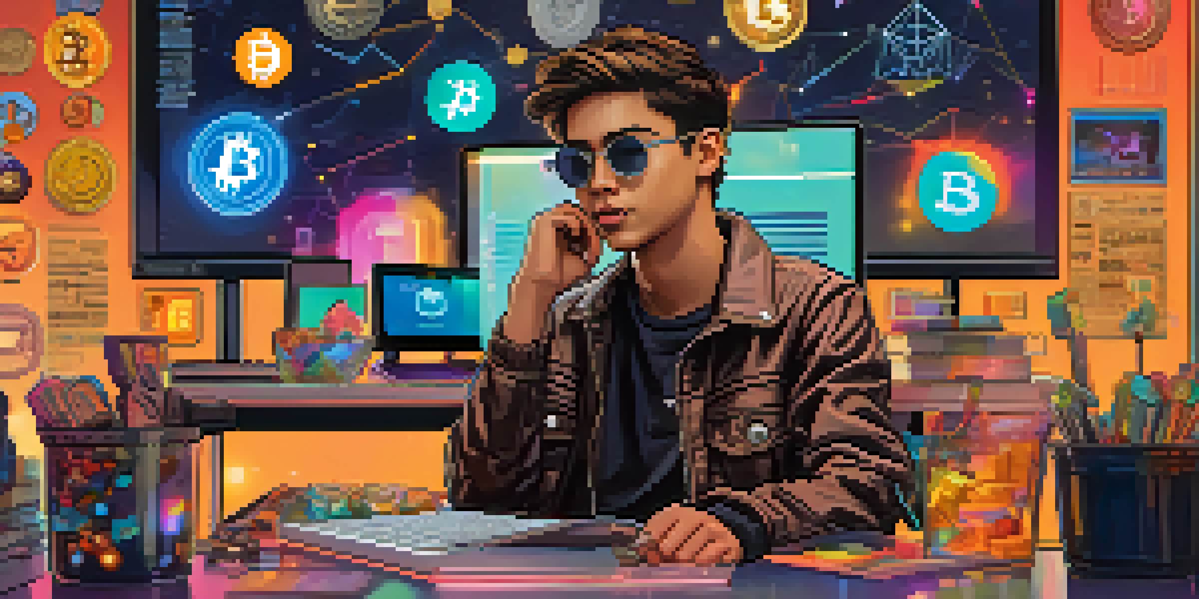 A young influencer at a modern desk explaining cryptocurrency concepts, with logos and graphs around them.