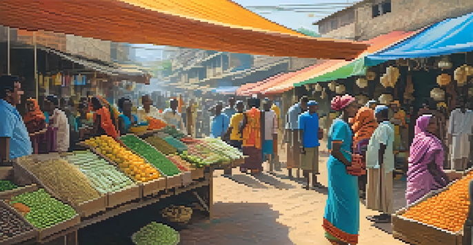 A lively marketplace with people engaged in discussions about microfinance, vibrant stalls filled with goods, and soft sunlight filtering through.