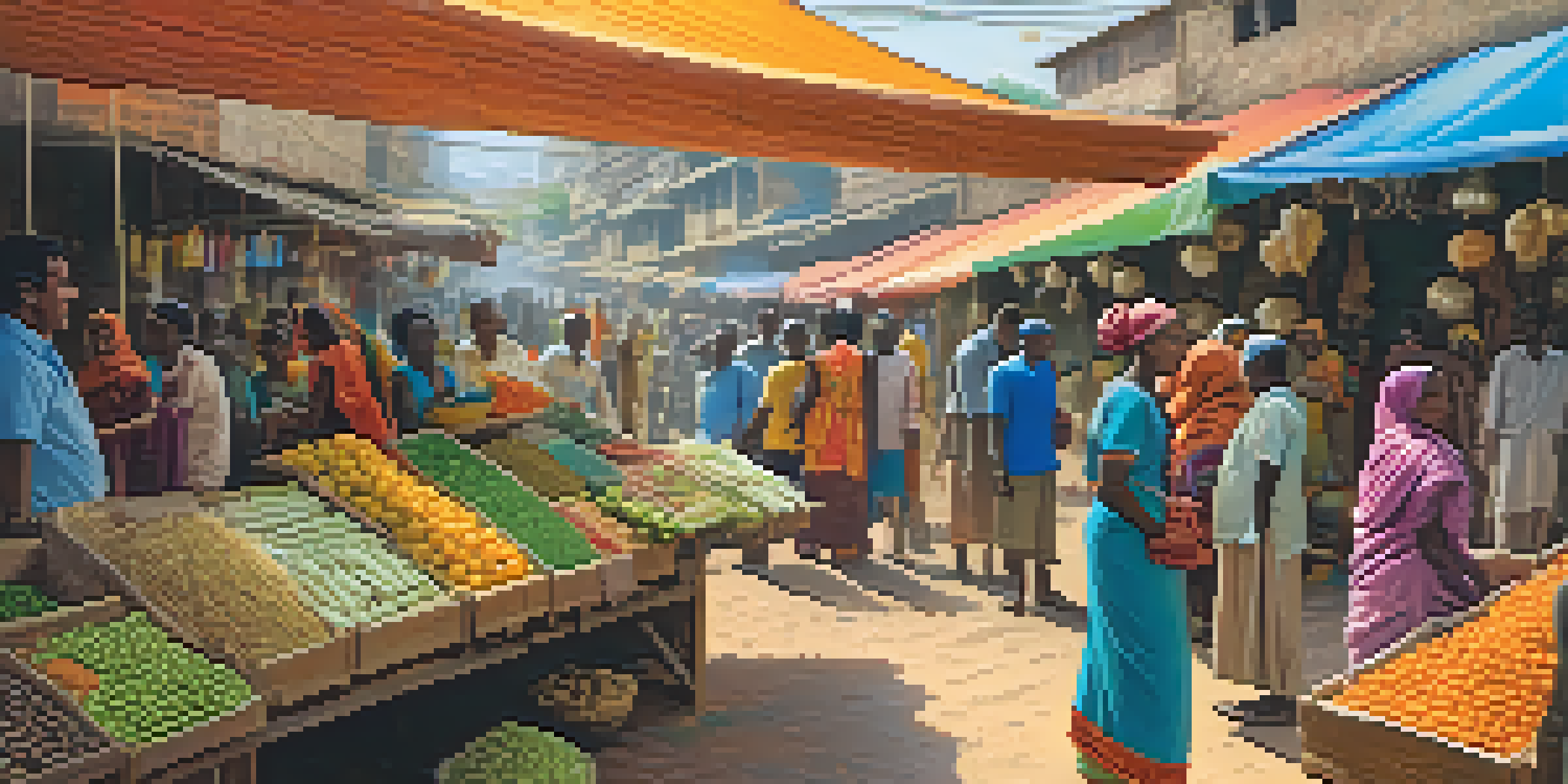 A lively marketplace with people engaged in discussions about microfinance, vibrant stalls filled with goods, and soft sunlight filtering through.