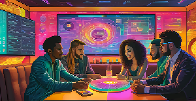 A group of diverse influencers discussing cryptocurrencies, surrounded by digital screens and charts in a warm, inviting setting.