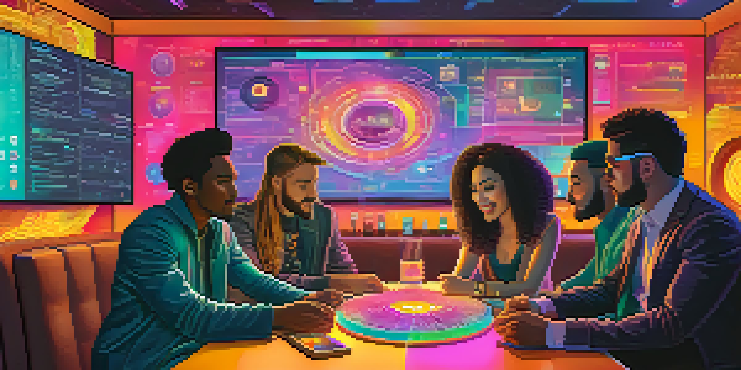 A group of diverse influencers discussing cryptocurrencies, surrounded by digital screens and charts in a warm, inviting setting.