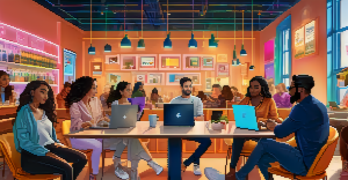 A diverse group of influencers discussing cryptocurrency in a cozy café with laptops and charts around them.