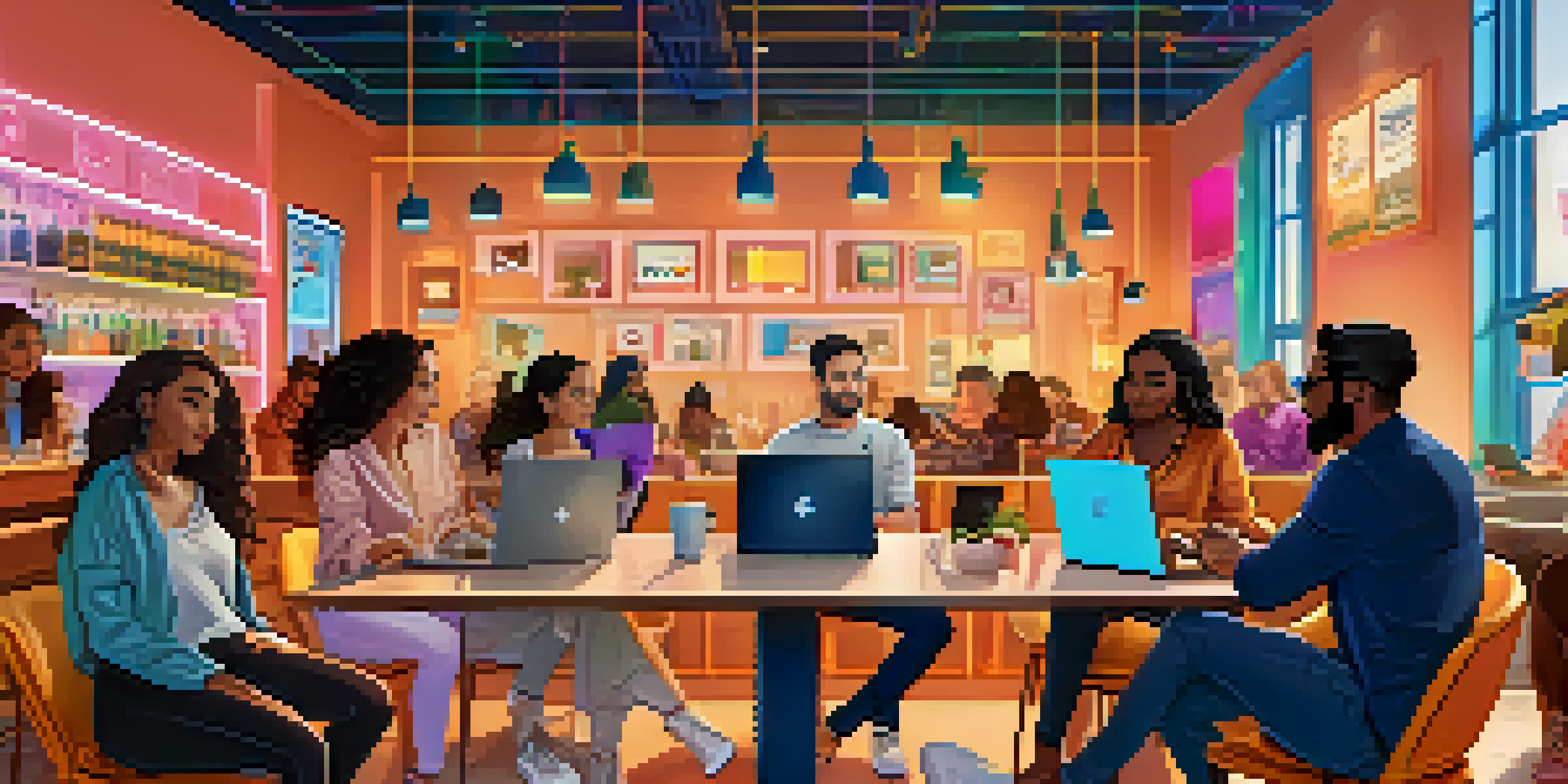 A diverse group of influencers discussing cryptocurrency in a cozy café with laptops and charts around them.