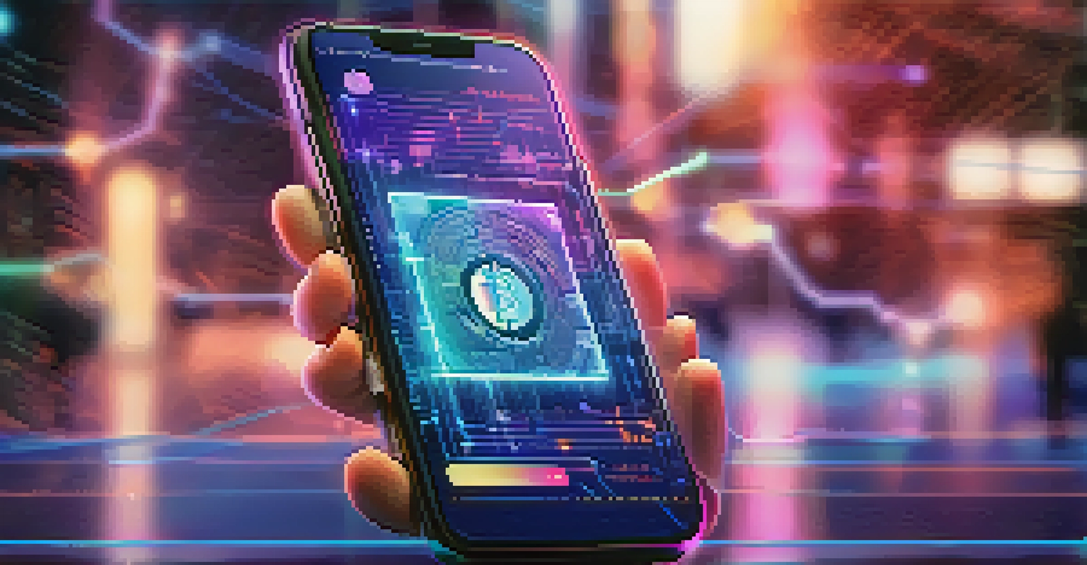 A close-up of a smartphone displaying a cryptocurrency transaction with a digital wallet interface, surrounded by an abstract representation of blockchain technology with glowing lines.