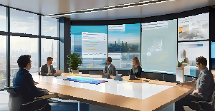 A modern office with a digital screen showing smart contracts, featuring diverse professionals discussing around a conference table.