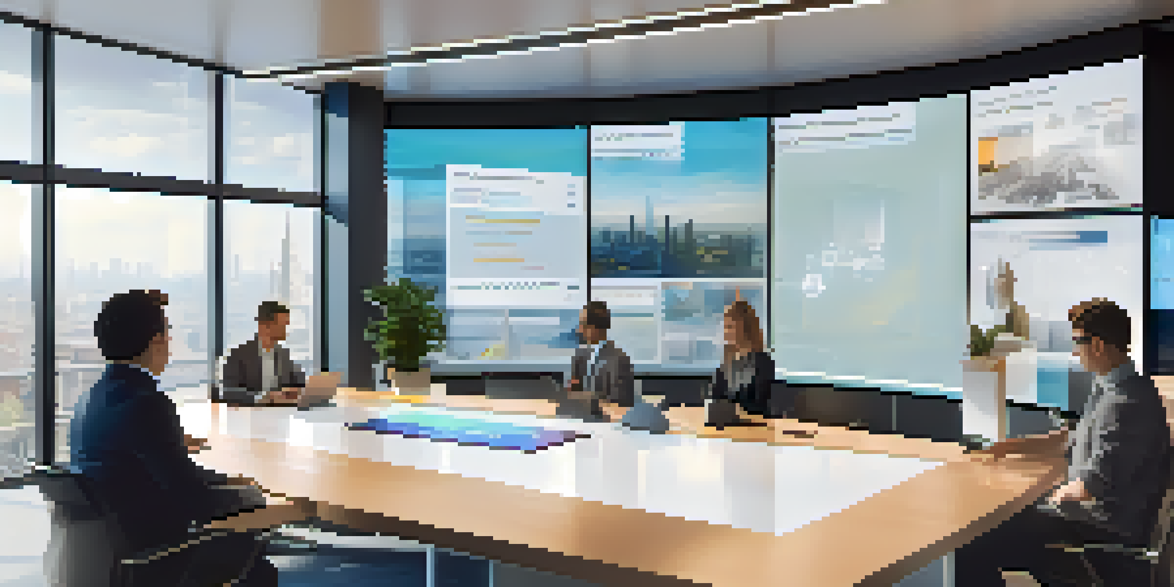 A modern office with a digital screen showing smart contracts, featuring diverse professionals discussing around a conference table.