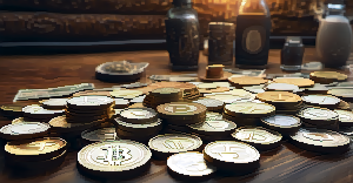 A collection of historical money forms including coins, paper currency, and digital currency representations on a wooden table.