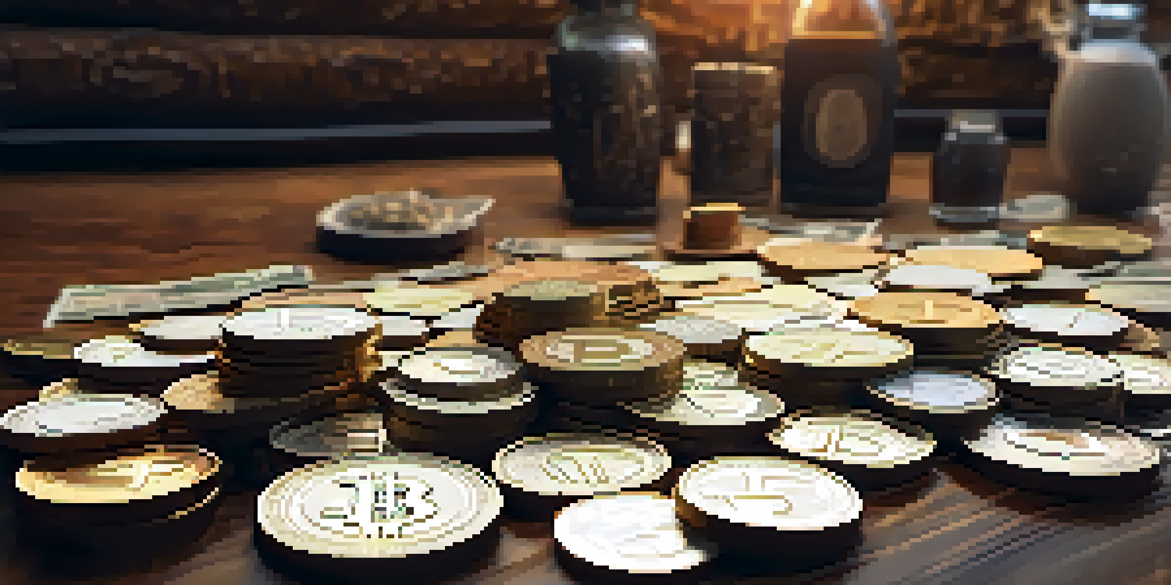A collection of historical money forms including coins, paper currency, and digital currency representations on a wooden table.