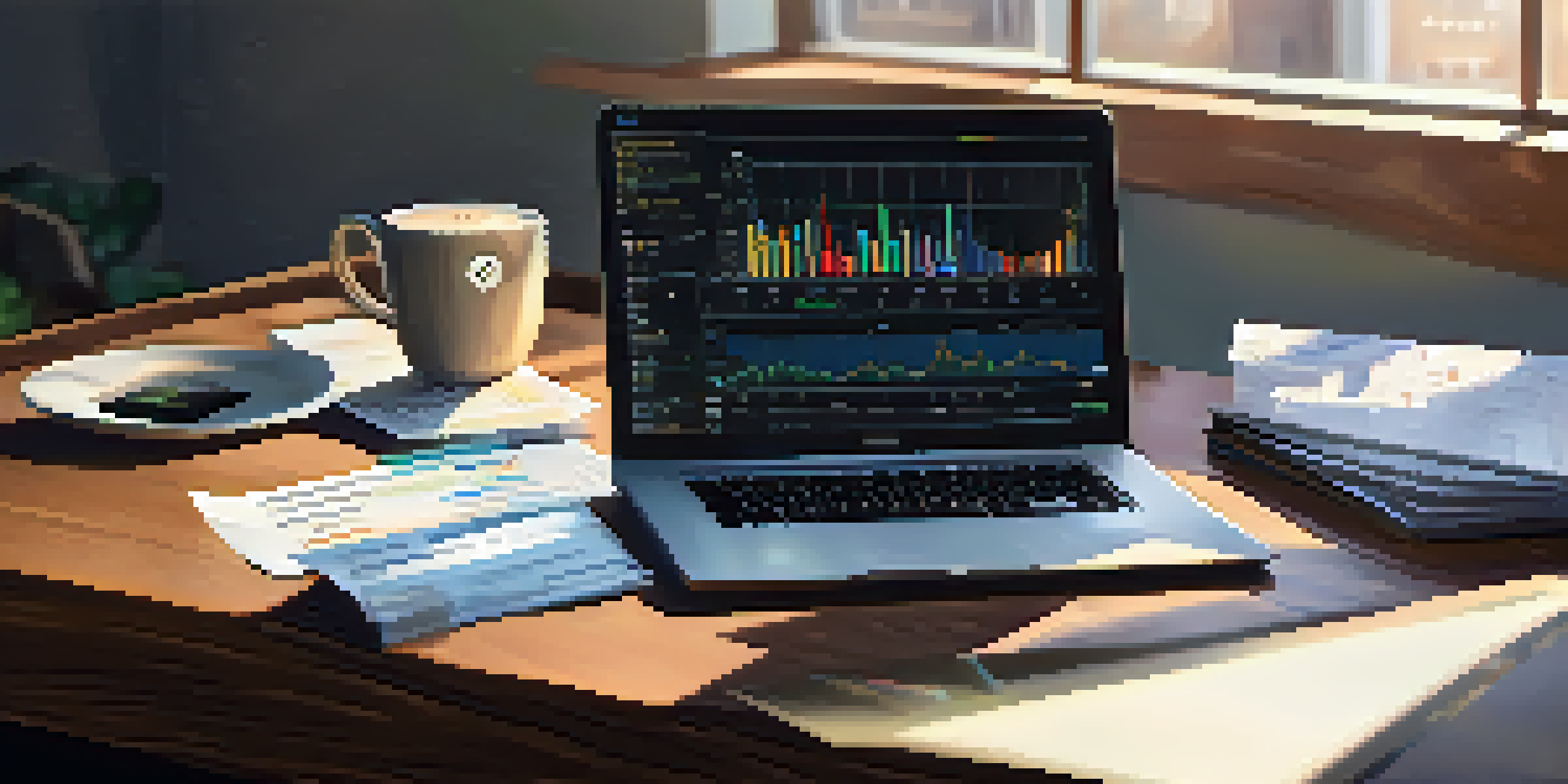 A peaceful workspace with a laptop showing cryptocurrency charts, tax documents, a calculator, and a coffee cup, illuminated by soft morning light.