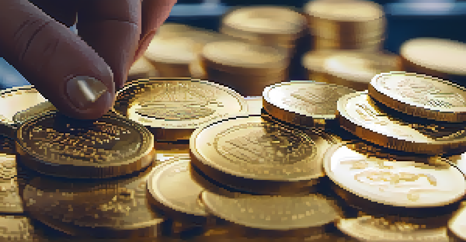 A close-up of a shiny gold token held in a hand, with a blurred trading screen in the background showing commodity prices.