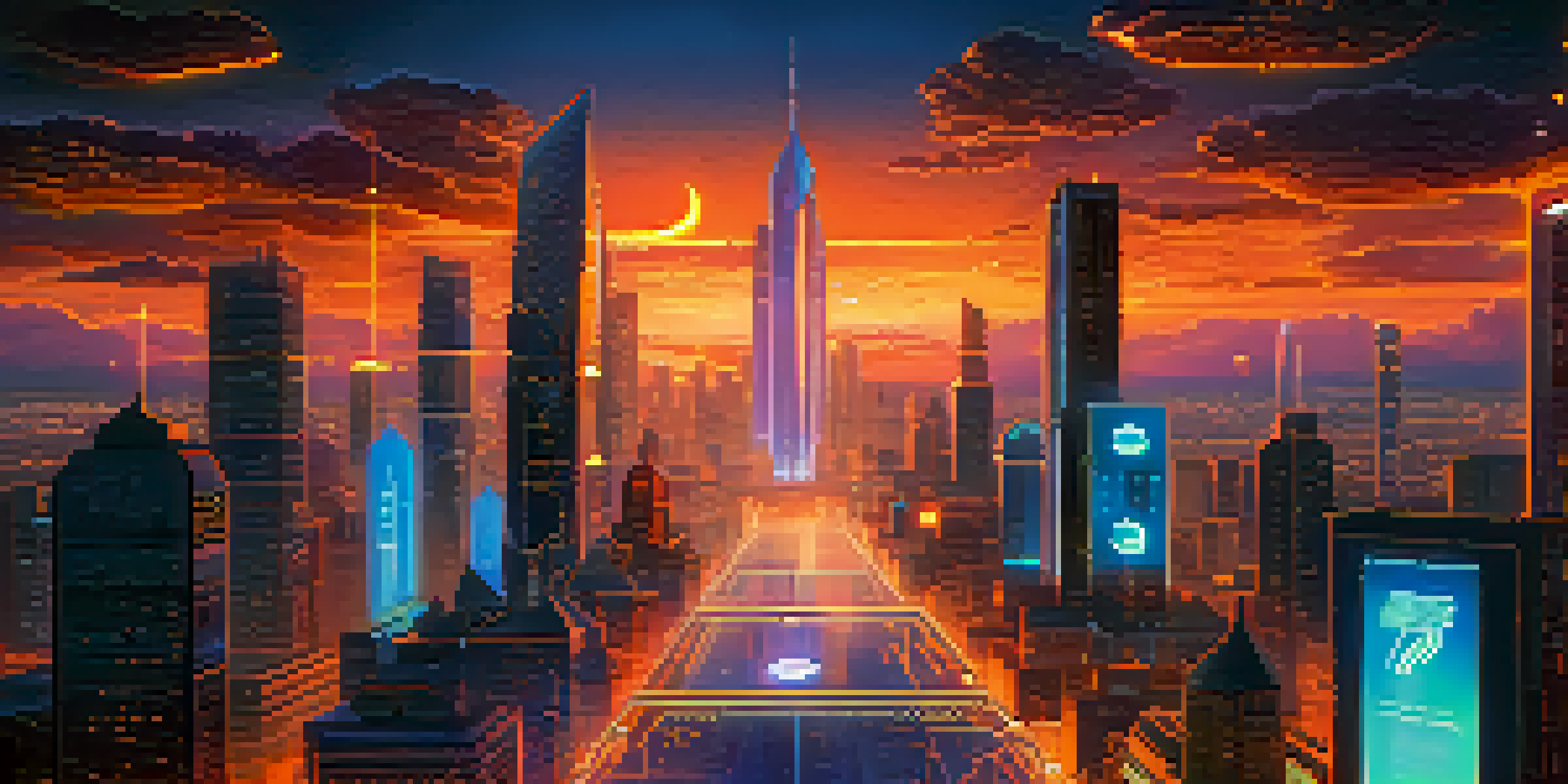 A futuristic cityscape with a mix of traditional and modern architecture illuminated by neon lights, featuring digital currency symbols in the sky.