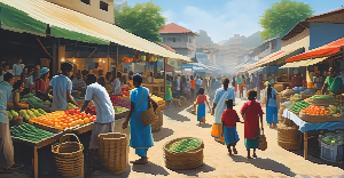 A colorful marketplace with diverse people, stalls of fresh produce, and children playing, under warm sunlight.