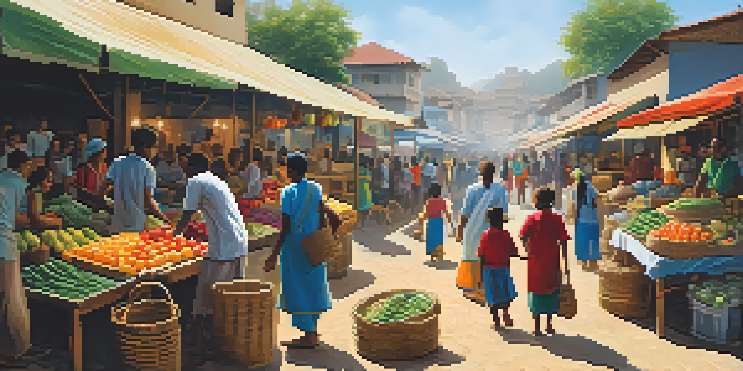 A colorful marketplace with diverse people, stalls of fresh produce, and children playing, under warm sunlight.