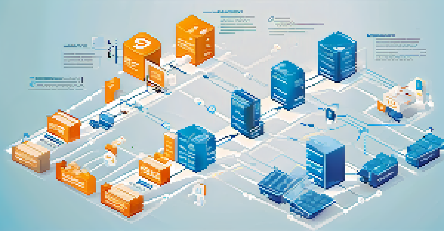 An infographic showing the flow of smart contracts in a supply chain with interconnected nodes and arrows indicating data flow.