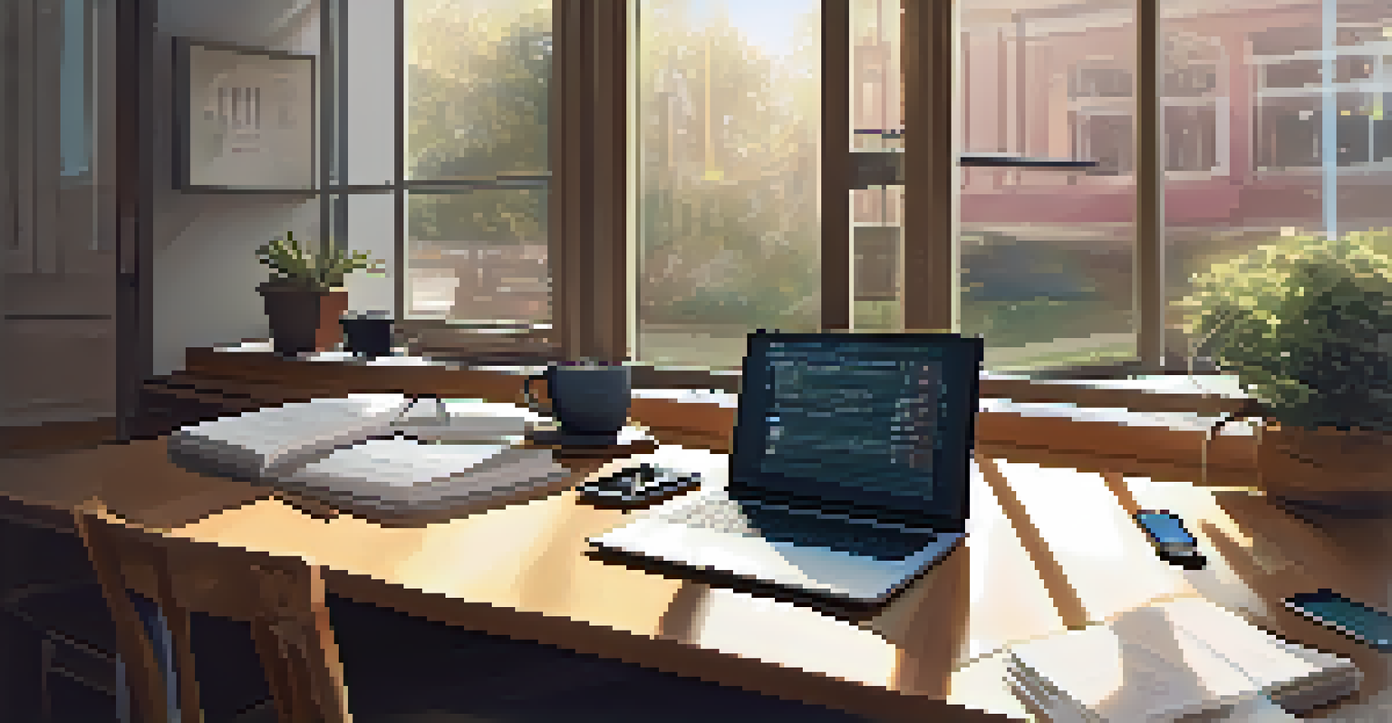 A study desk with various digital devices showing passwords, a password manager interface, and a notepad with complex passwords next to a cup of coffee, illuminated by soft morning light.