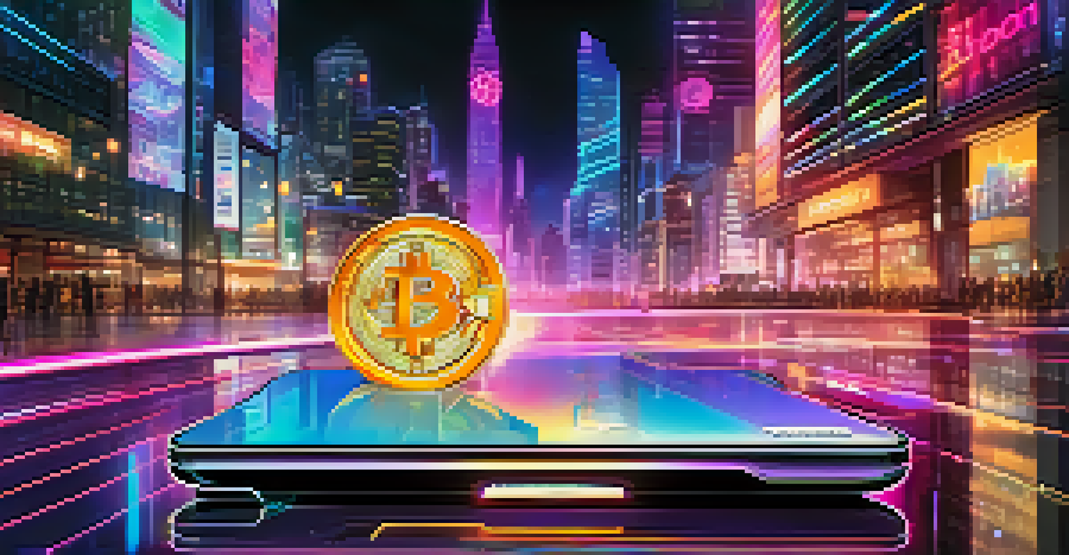 A futuristic digital cryptocurrency wallet with animated coins in a neon-lit cityscape at night.