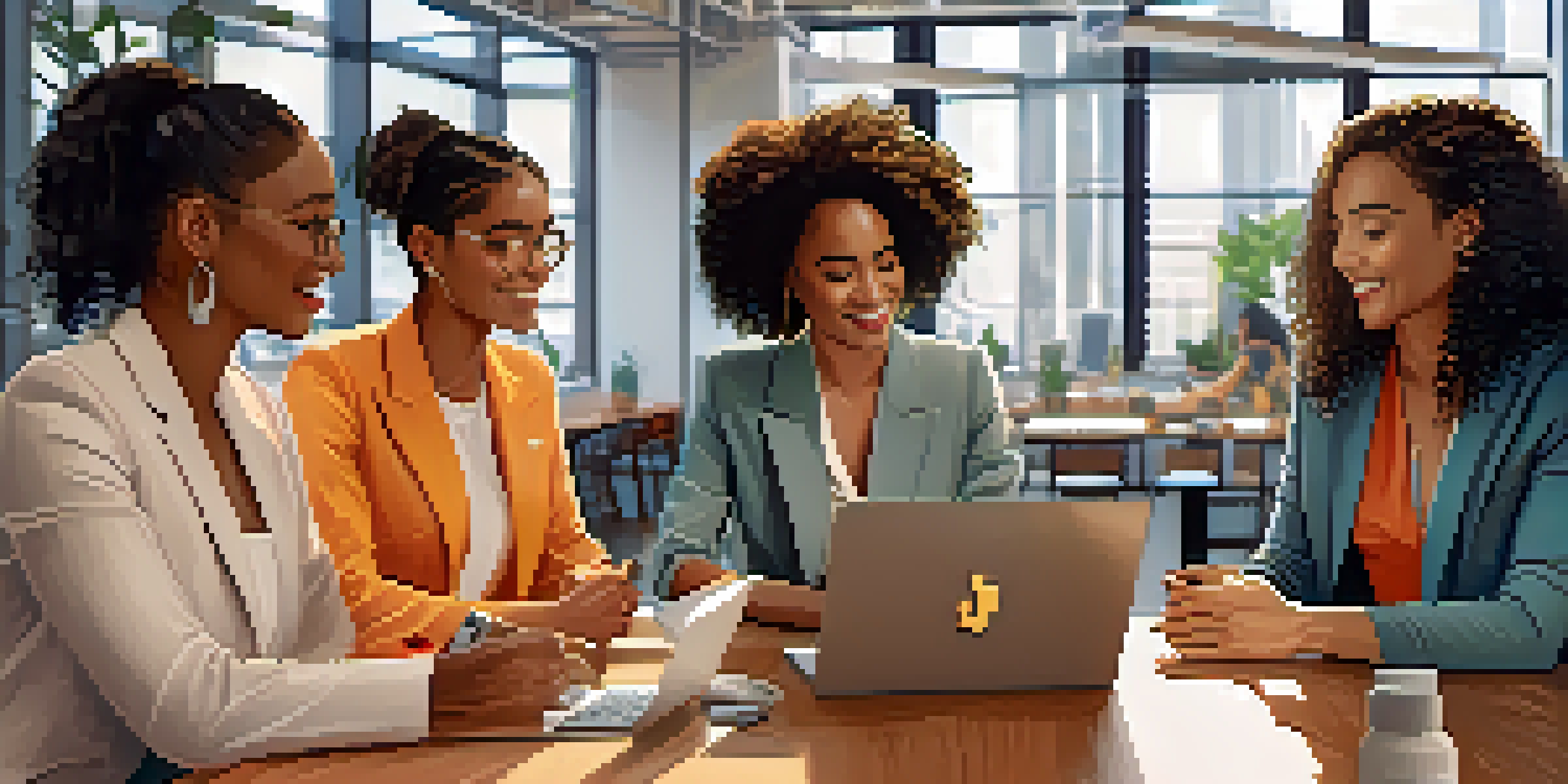 A group of diverse women discussing cryptocurrency investments in a bright co-working space with laptops and charts.