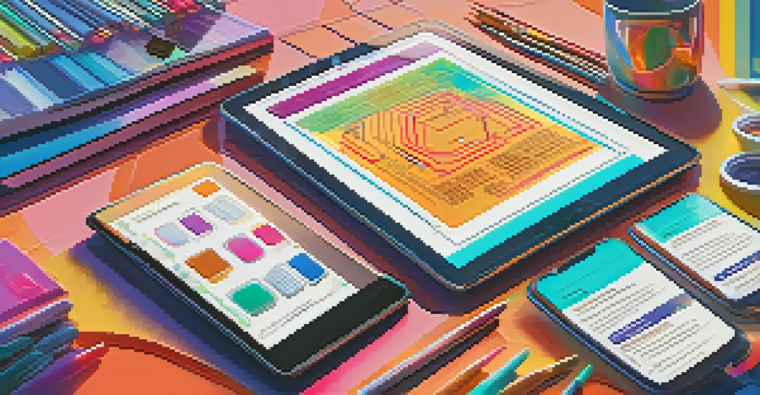 A digital tablet displaying a colorful smart contract in an artistic workspace filled with art supplies.