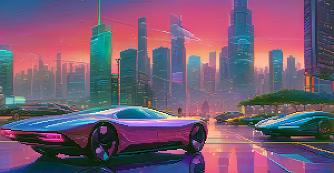 A futuristic city skyline at dusk, with neon lights and flying cars, showcasing a vibrant urban landscape.