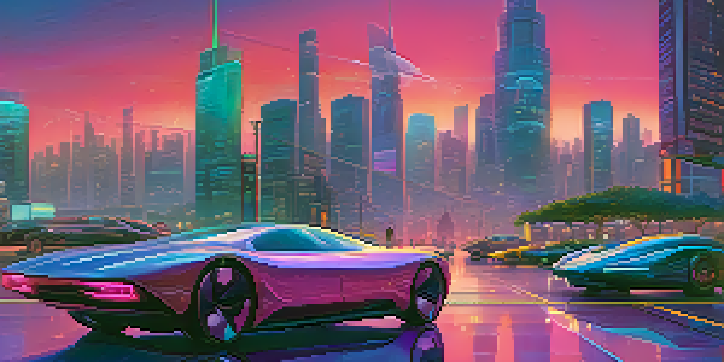 A futuristic city skyline at dusk, with neon lights and flying cars, showcasing a vibrant urban landscape.