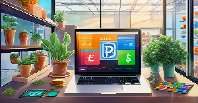 A modern office workspace with a laptop displaying a cryptocurrency payment screen and colorful digital currency symbols.
