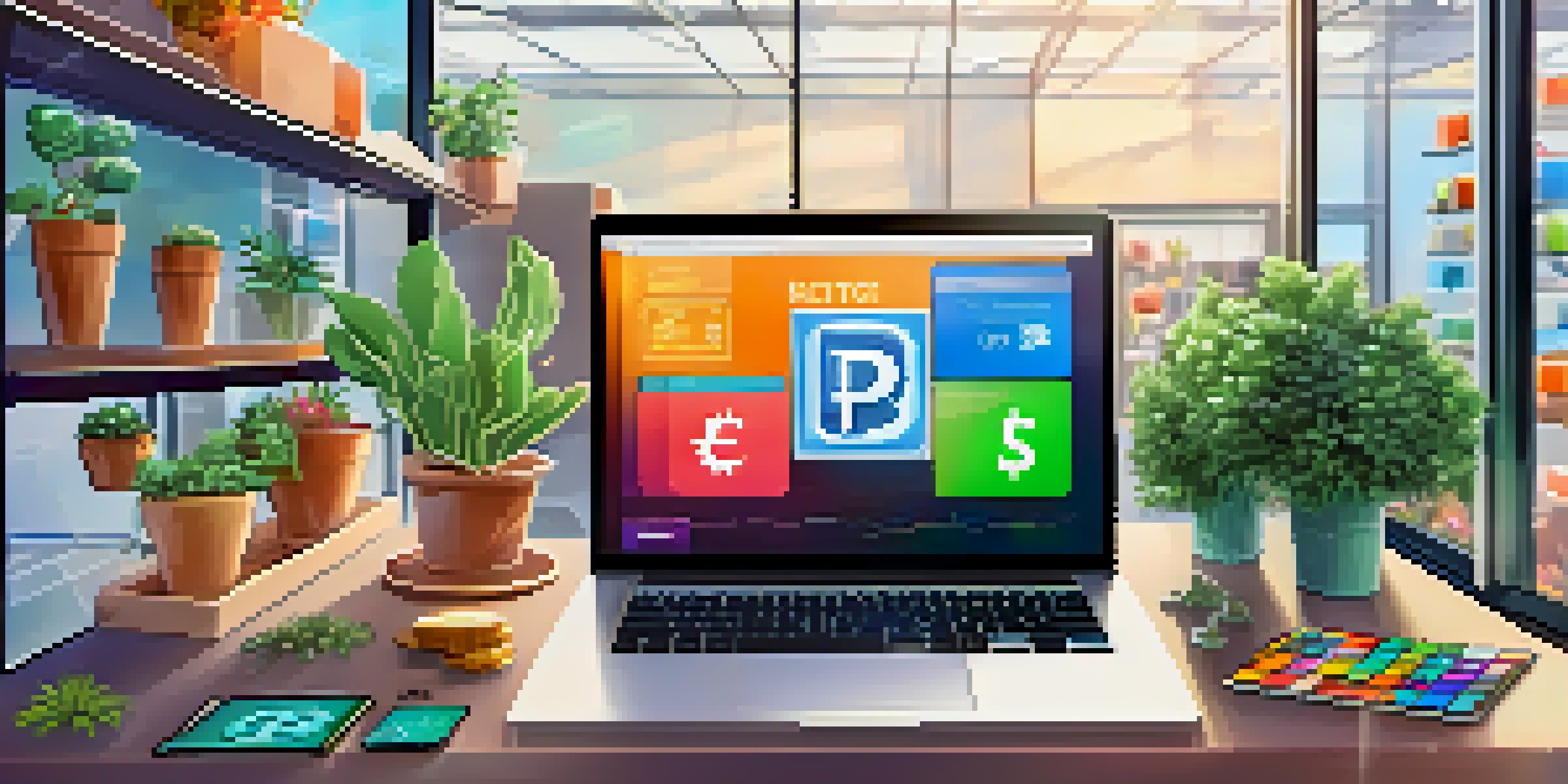 A modern office workspace with a laptop displaying a cryptocurrency payment screen and colorful digital currency symbols.