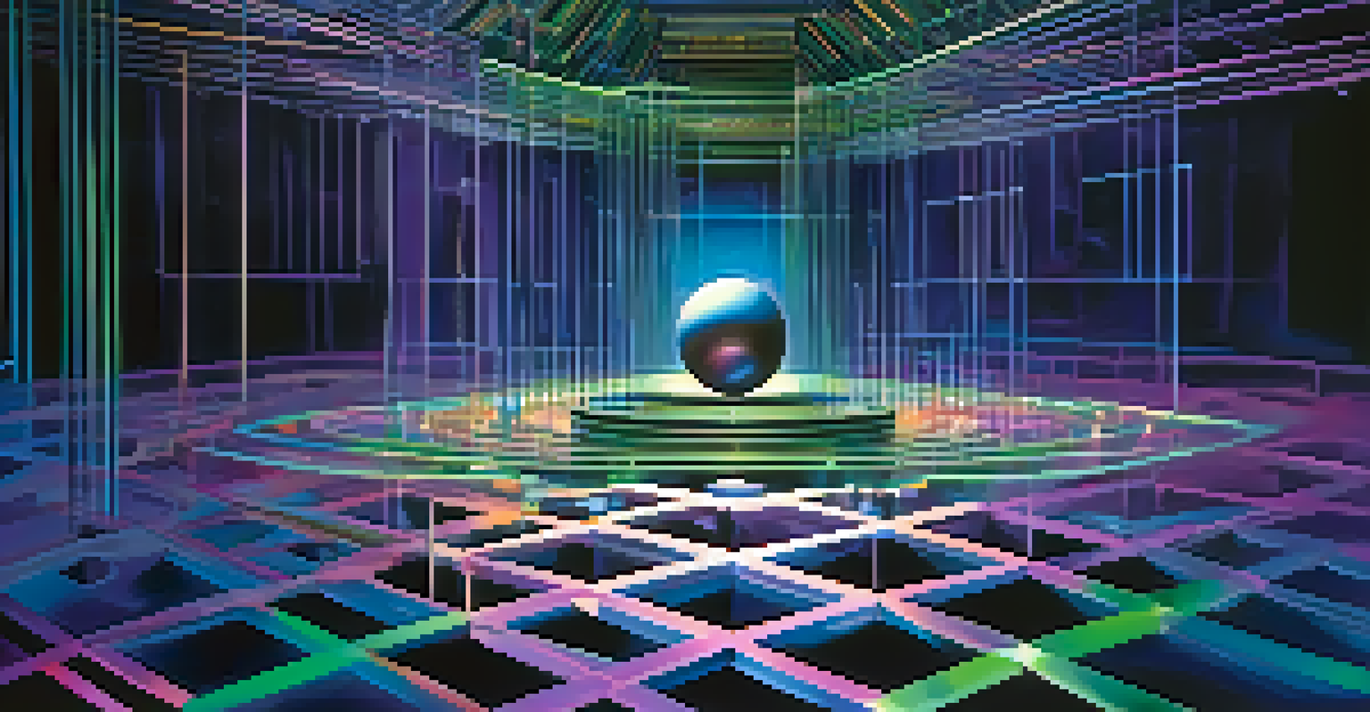 An abstract visualization of quantum computing with glowing qubits in vibrant colors against a dark background.