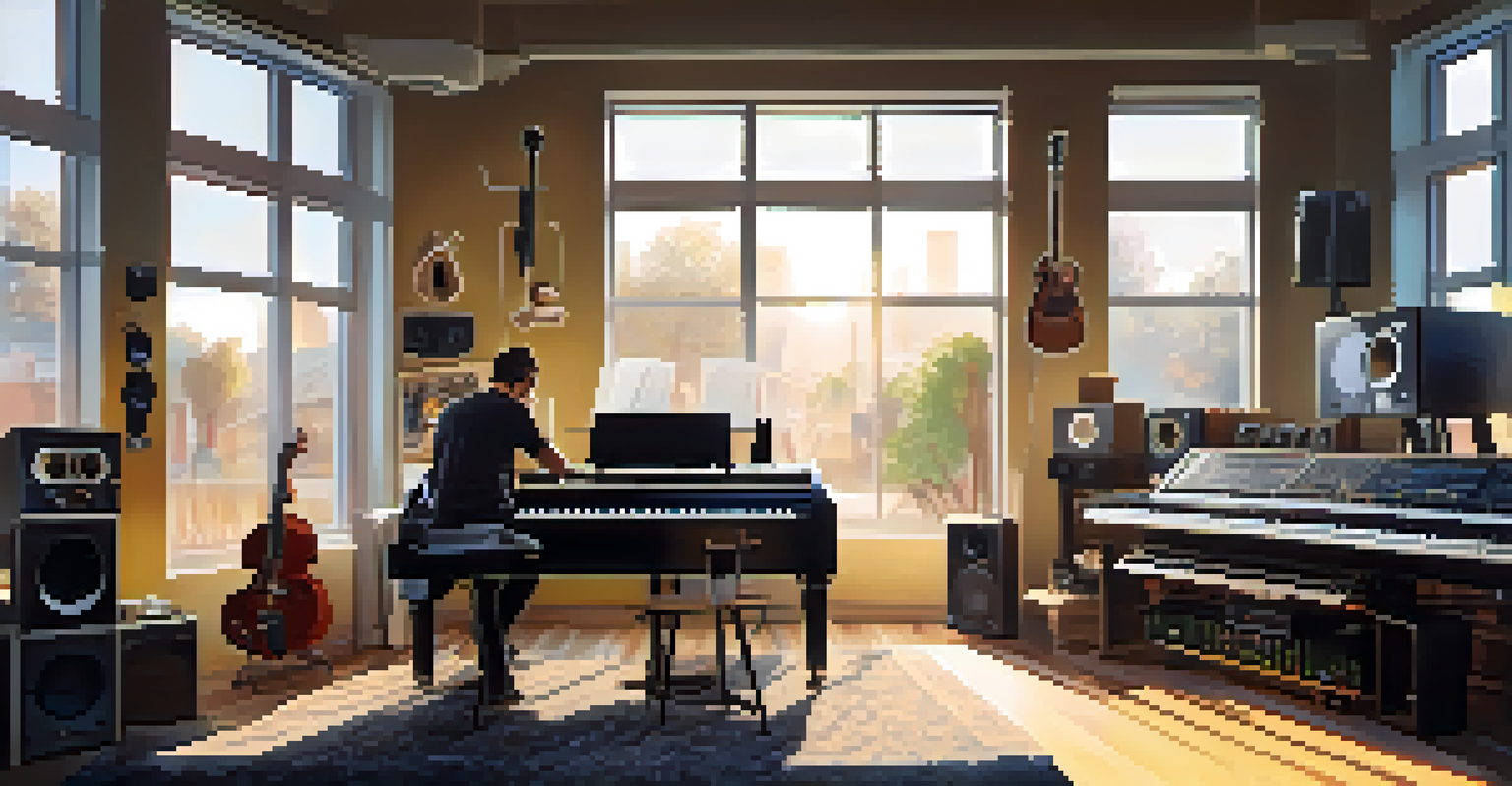 A musician in a modern studio with instruments, focused on a computer screen in a sunlit environment.