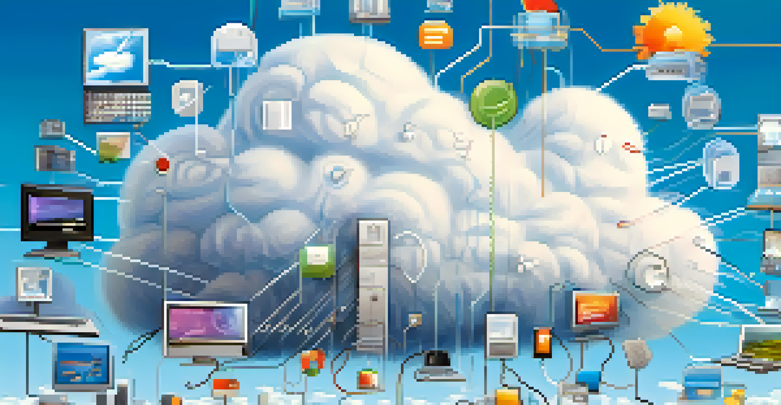 An illustration of a cloud computing environment with various colorful icons representing interconnected software applications against a blue sky.