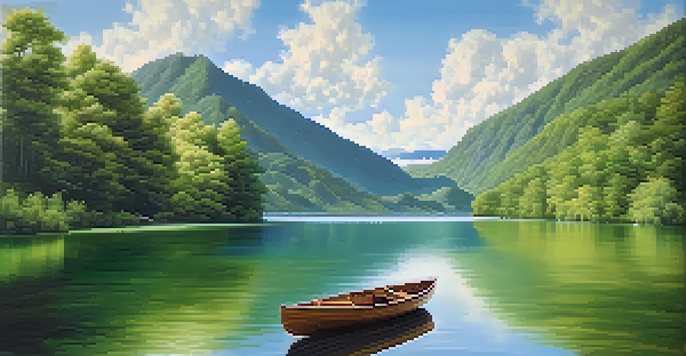 A peaceful lake surrounded by green mountains and blue sky, with a wooden boat floating on the water.