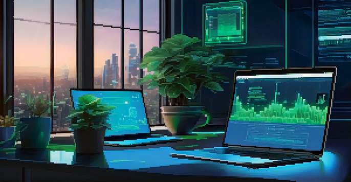 A modern workspace with a developer working on smart contracts, featuring multiple screens and ambient lighting.