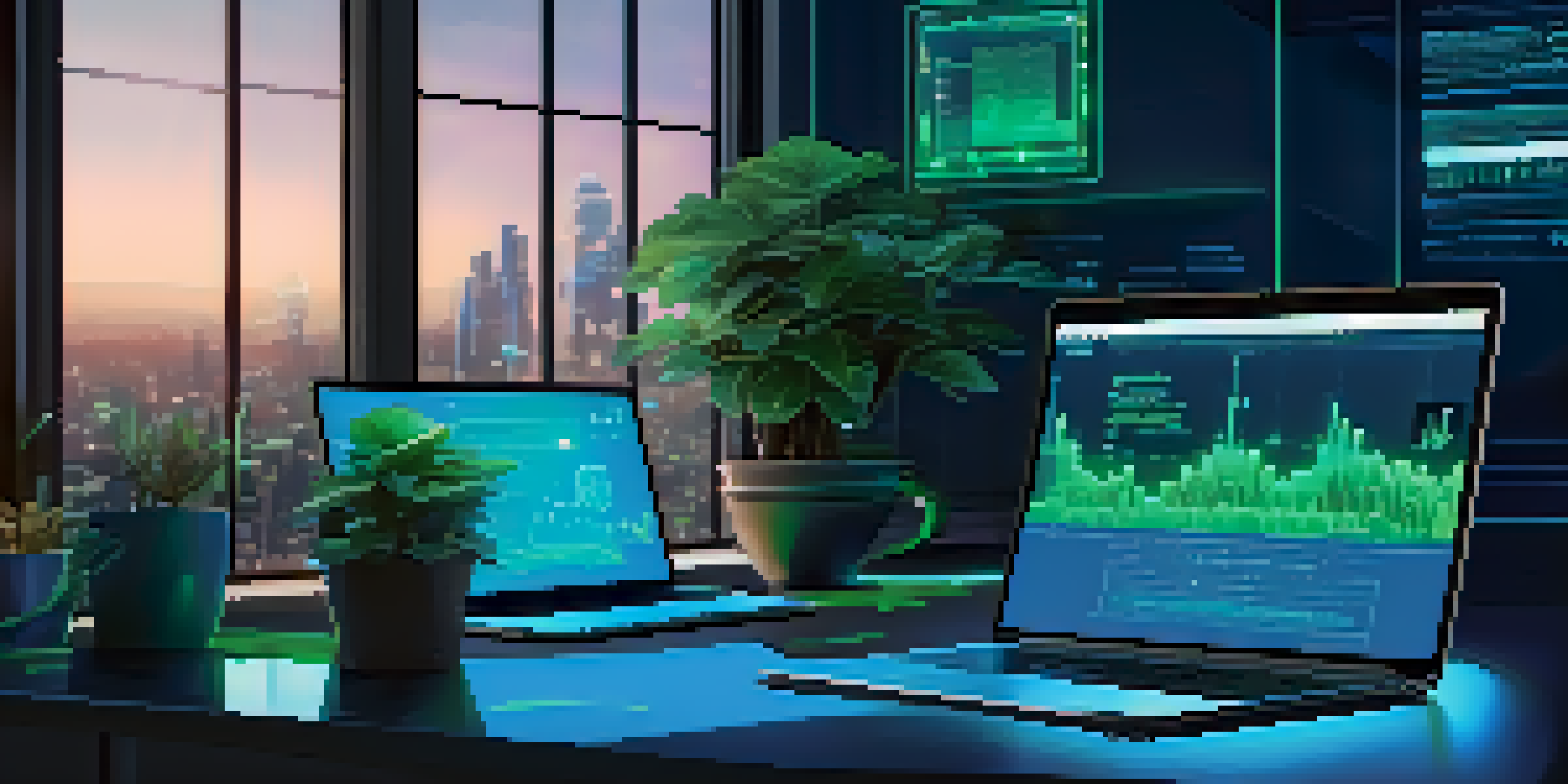 A modern workspace with a developer working on smart contracts, featuring multiple screens and ambient lighting.
