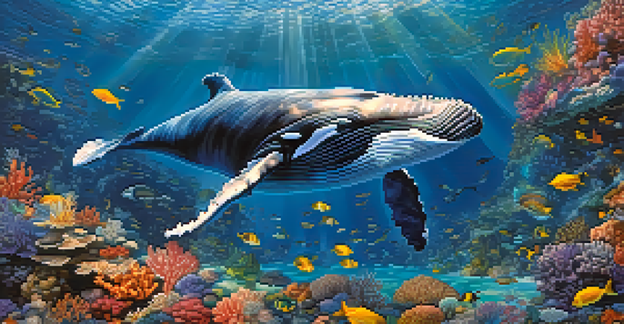 An underwater scene featuring a whale swimming among colorful corals and fish, with sunlight illuminating the water.