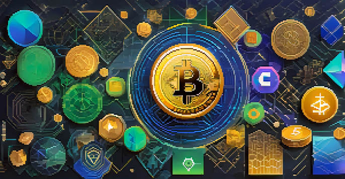 A colorful digital collage showcasing the concept of tokenomics with interconnected cryptocurrency tokens and geometric shapes.