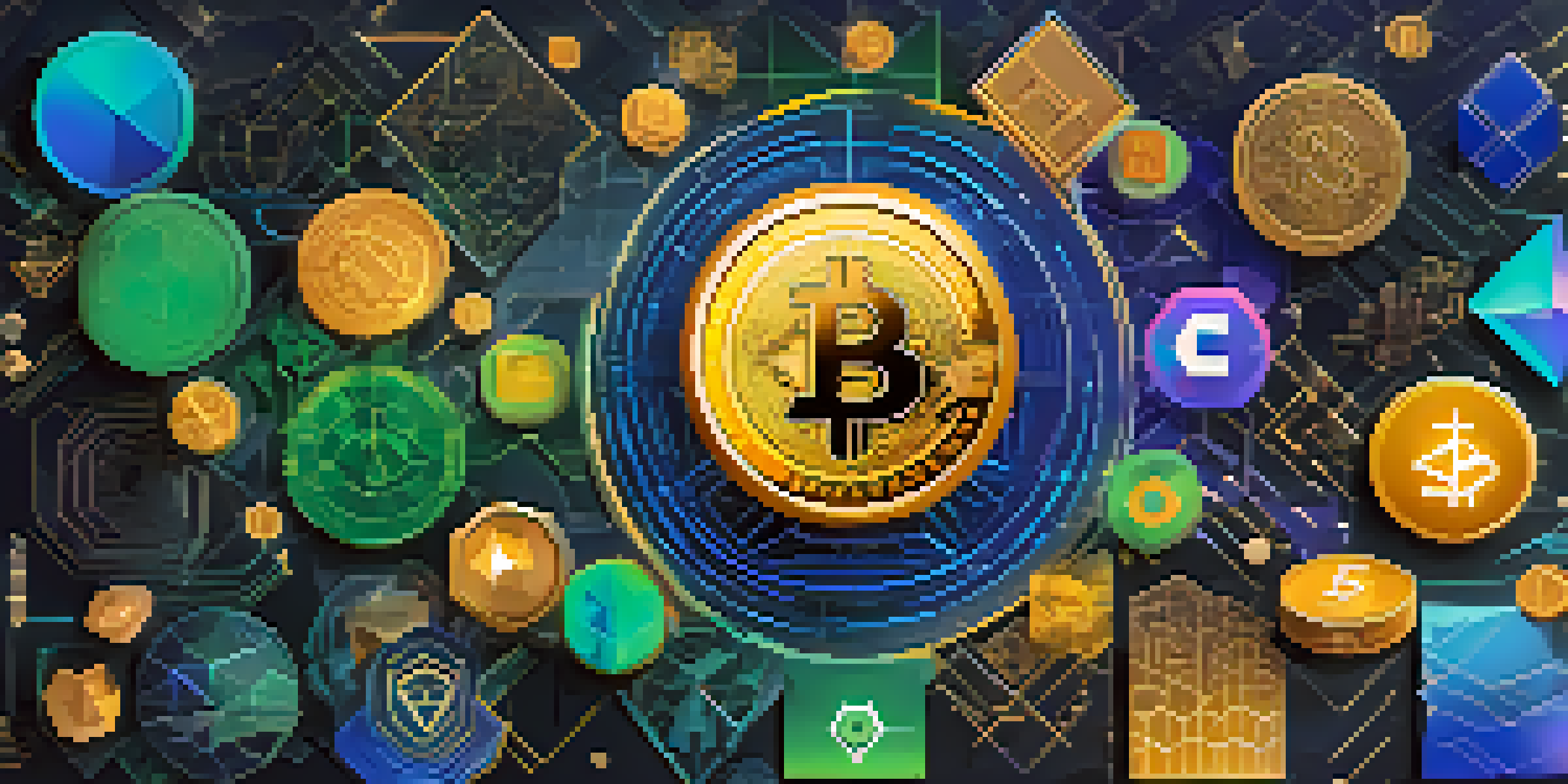 A colorful digital collage showcasing the concept of tokenomics with interconnected cryptocurrency tokens and geometric shapes.