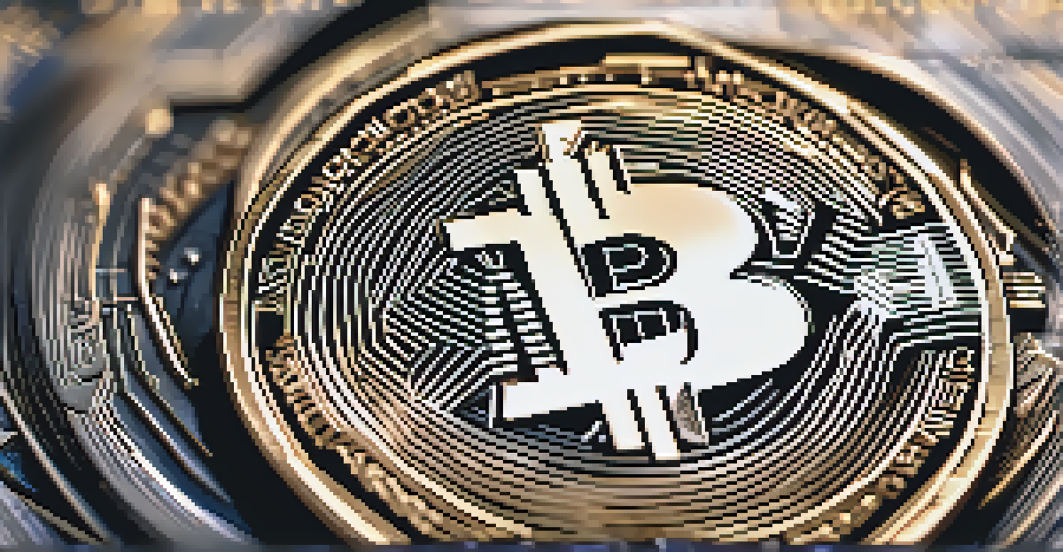 A close-up view of a cryptocurrency coin with detailed engravings and a shiny metallic finish.