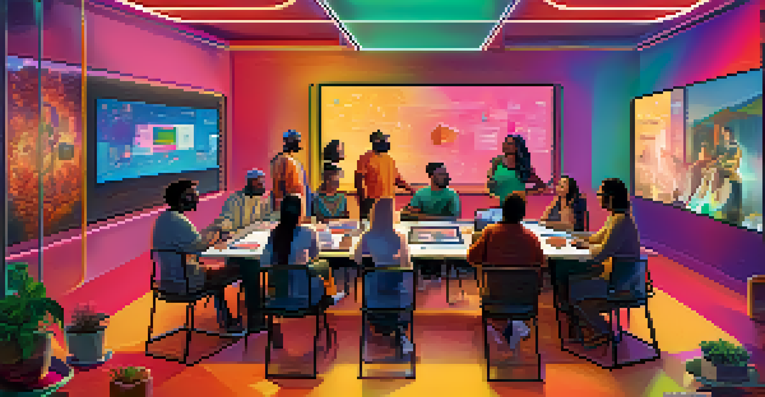 A diverse group of artists collaborating in a virtual space, discussing NFTs with colorful graphics and digital elements around them.