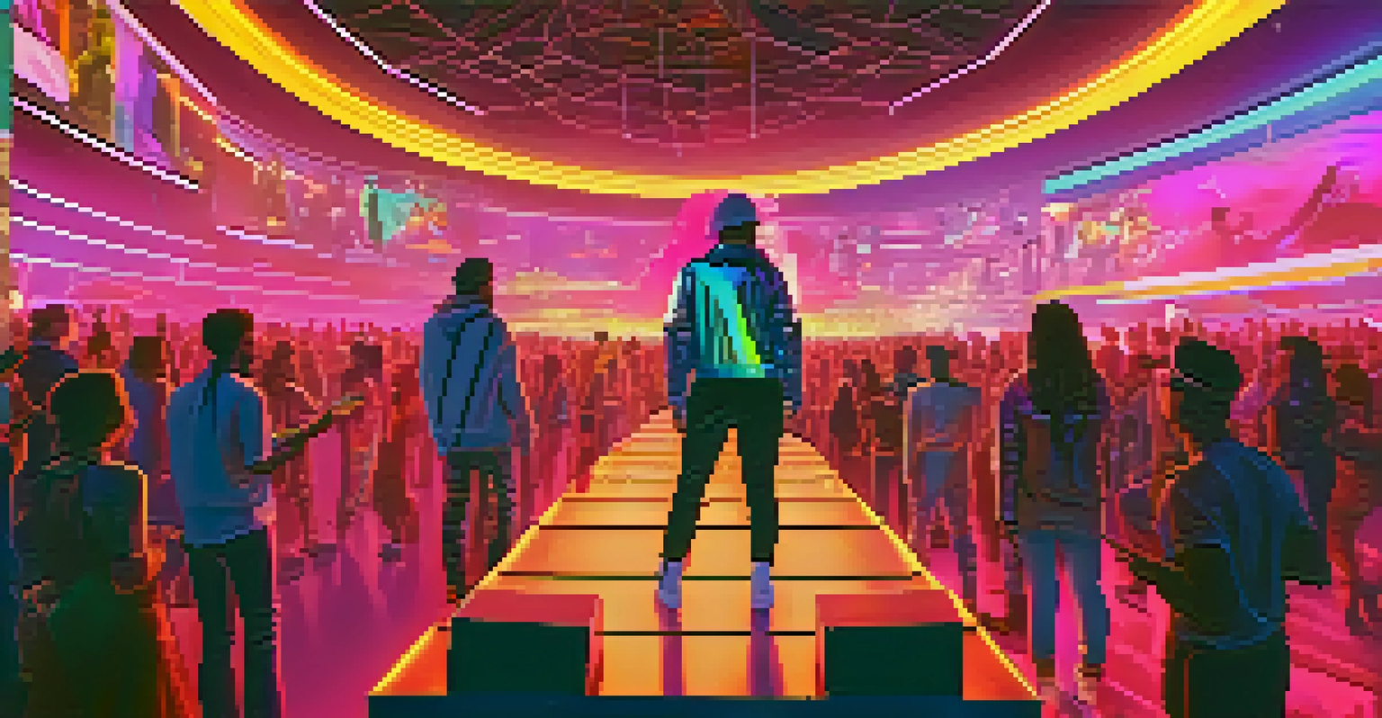A vibrant virtual concert scene in a metaverse, with attendees in unique digital outfits and floating digital merchandise.