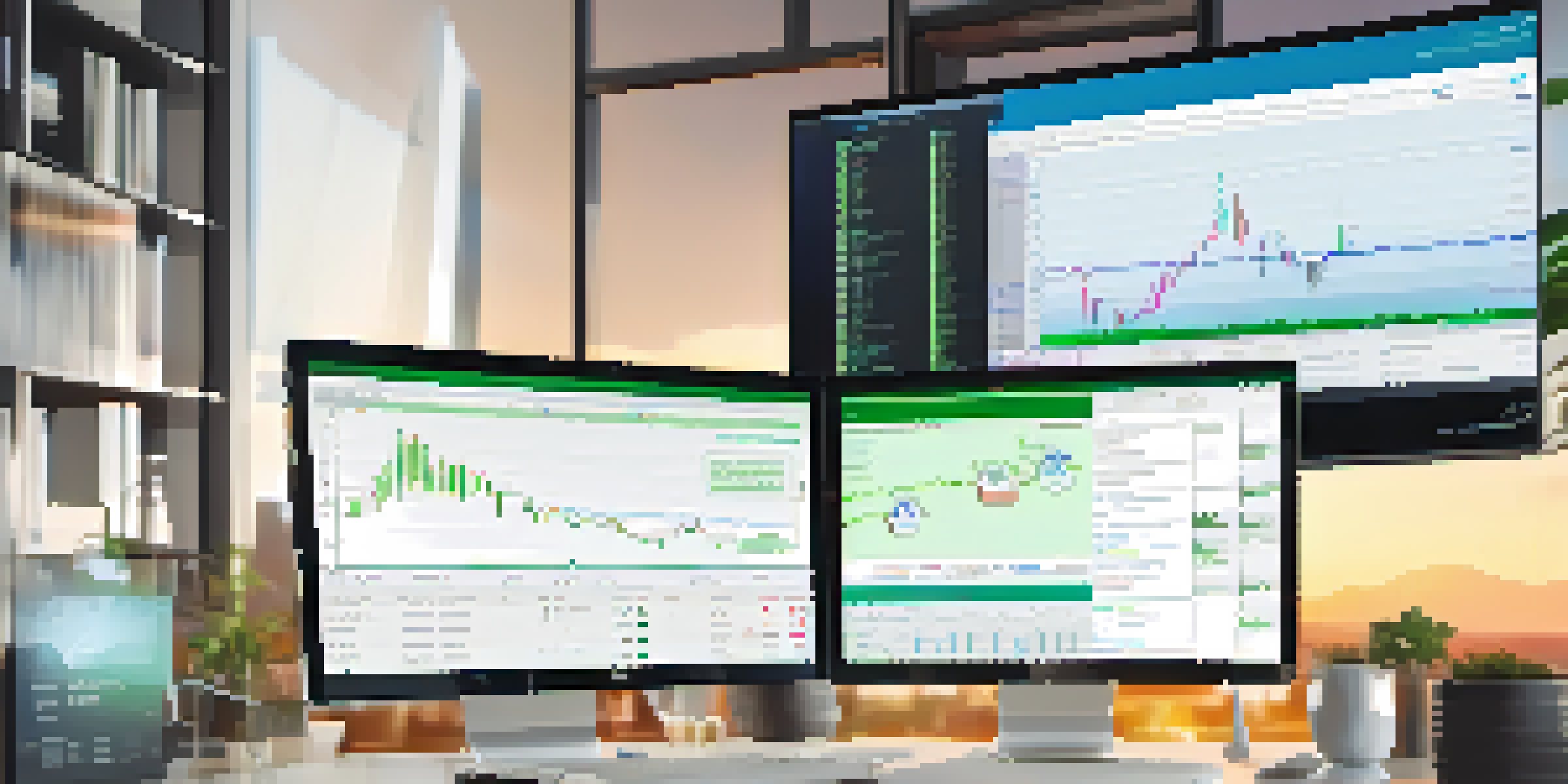 A modern trading setup with multiple screens showing cryptocurrency charts and moving averages, illuminated by soft lighting, with a potted plant and coffee cup.