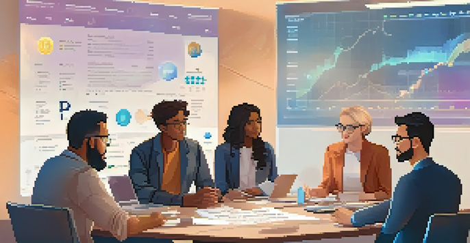 A diverse group of people discussing cryptocurrency regulations at a large table, with charts and digital devices visible.