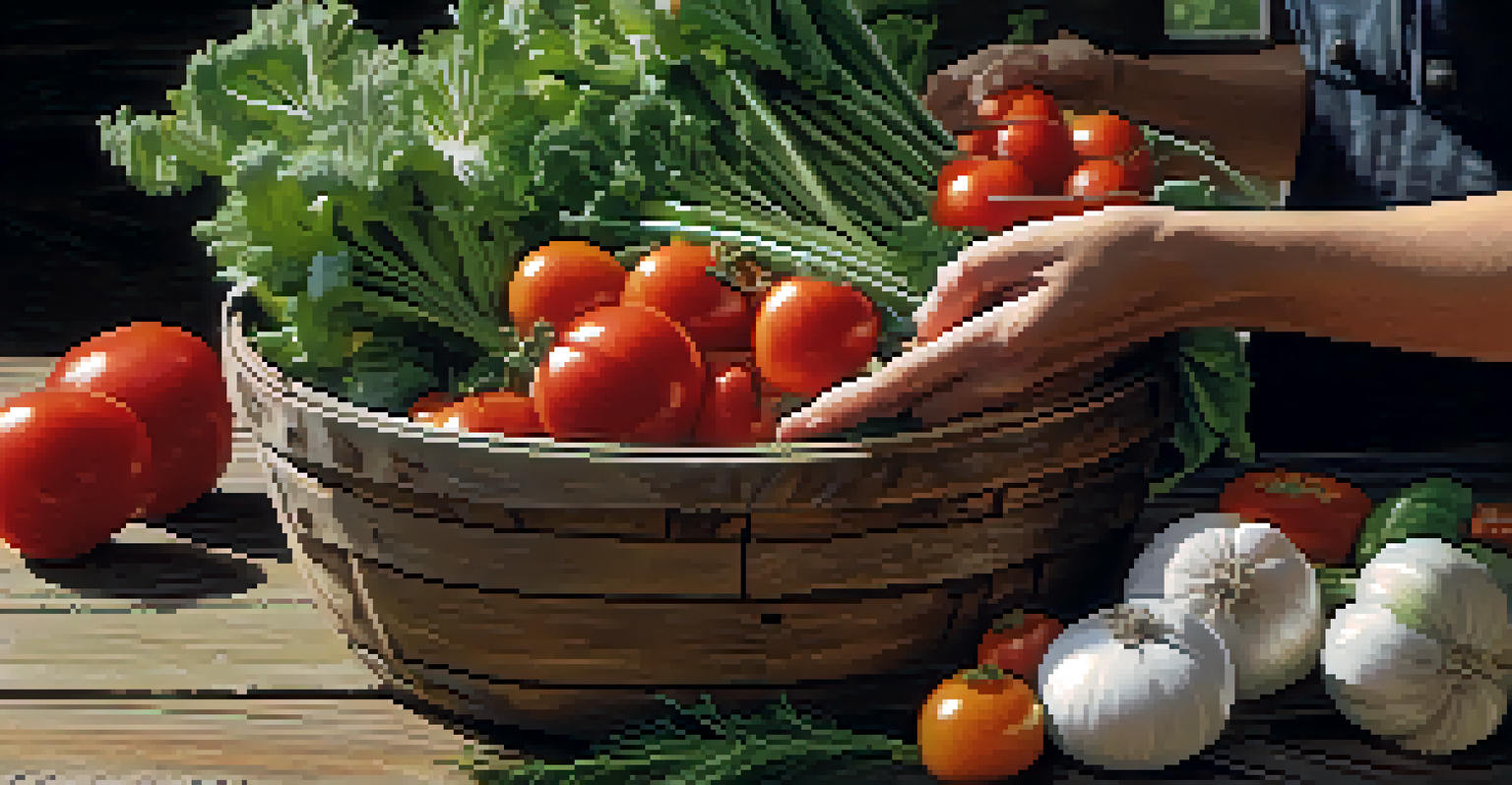 A close-up of hands holding a variety of freshly harvested vegetables on a wooden table.