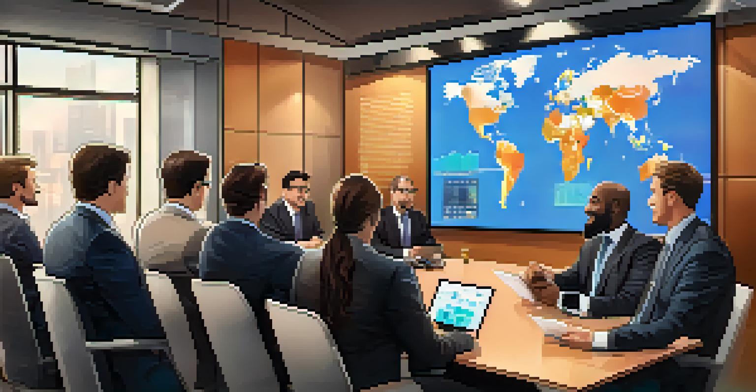 A diverse group of professionals in a meeting room discussing cryptocurrency adoption, with charts displayed on a screen.