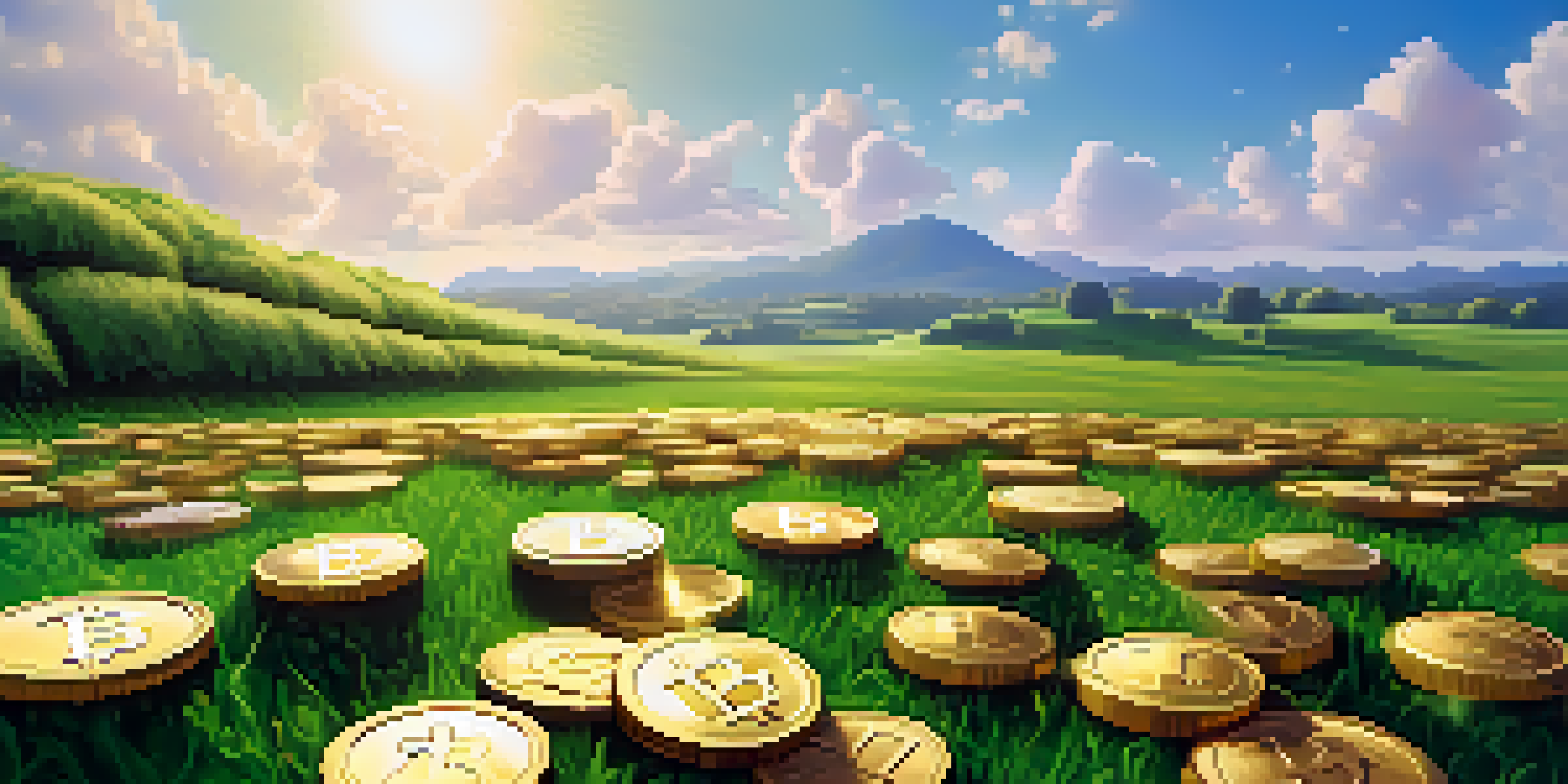 A vibrant green field with golden coins resembling flowers under a blue sky, symbolizing crypto staking.