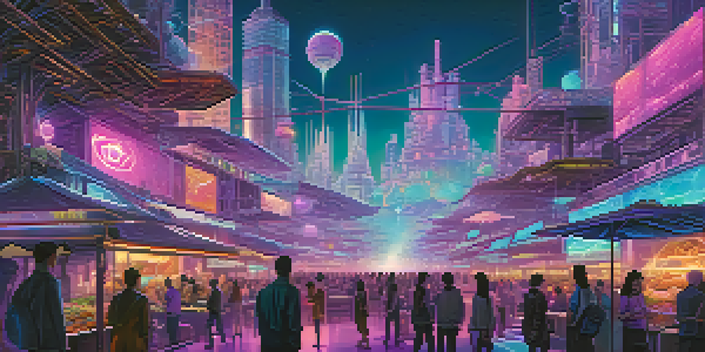 A futuristic cityscape with glowing blockchain structures and a diverse crowd using holographic devices in a vibrant marketplace.