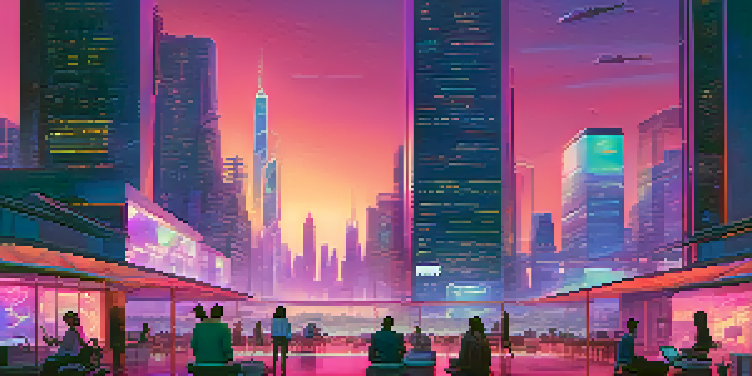 A futuristic city skyline at dusk with neon lights, featuring diverse creators working on laptops and holographic displays.