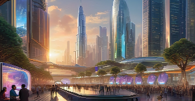 A futuristic city skyline with stablecoin symbols, featuring glass skyscrapers and a busy marketplace with people using digital devices.
